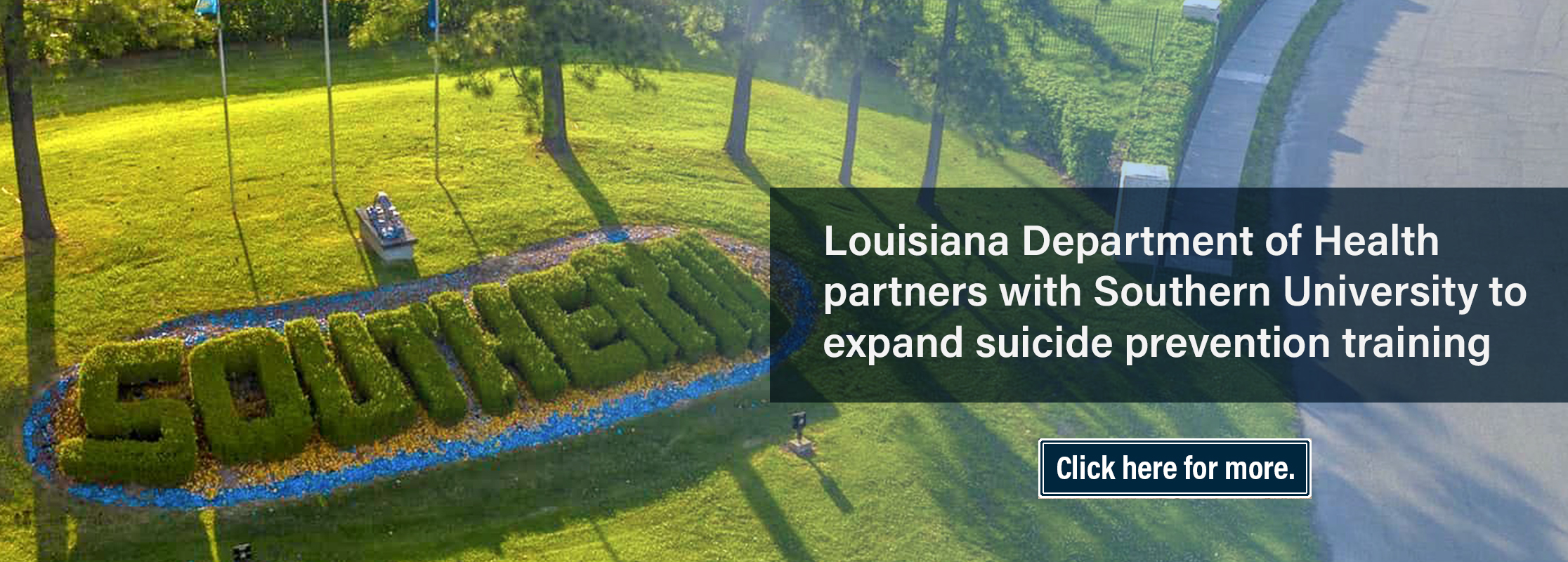 Southern University signage displayed on a grassy mound with the story headline overlaid on the image.